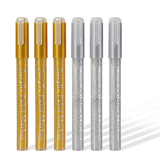 SMOOTHERPRO Marcadores de Pintura acrílico pigmento de roca 3 Oro y 3 Plata Bolígrafos a base de agua Bolígrafo ultrafino para Decoración de tela de cerámica de vidrio (HAP3GDSL)