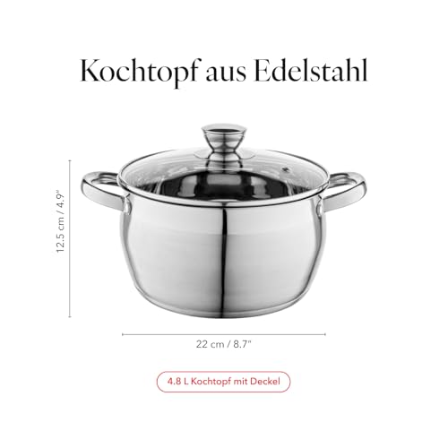 Florina Oliver 22 cm 4,8 L Edelstahltopf mit Glasdeckel | Für Induktion, Gas, Elektro, Ceran | Messskala innen | Spülmaschinengeeignet | Hitzebeständiger Deckel | Langlebig & robust 3