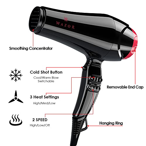 Wazor Ionic Lightweight Hair Dryer 1875W Ceramic Powerful Blow Dryer Pro Ac Motor For Quick Drying, 2 Speed / 3 Heat Settings, Concentrator #TOP2