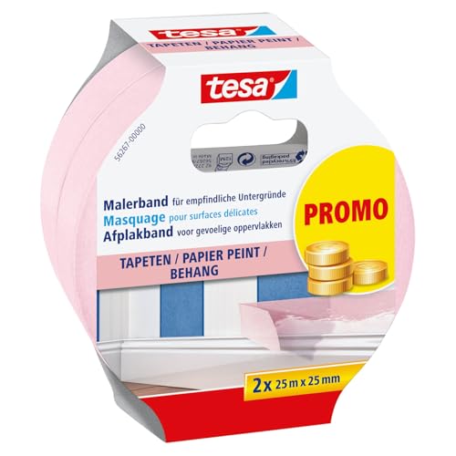 tesa Ruban de masquage - Ruban de masquage fin pour un collage précis - Convient pour les surfaces sensibles en intérieur - 2 x 25 m x 25 mm