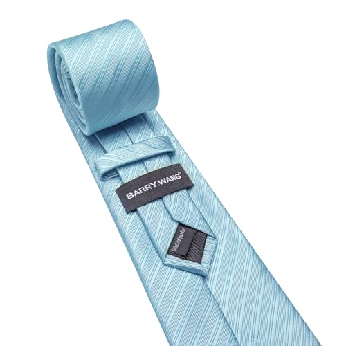 Image of Barry.Wang Solid Striped Tie for Men Silk Necktie Pocket Square Cufflinks Formal Wedding Party Business