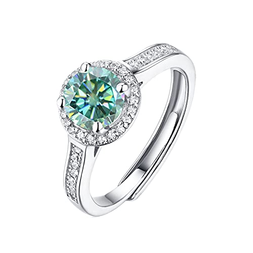 Gem's Beauty Green Moissanite Adjustable Rings 925 Sterling Silver Open Ring 1.0Ct Round Halo Green Moissanite Solitaire Engagement Ring For Women2