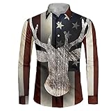 Biyejit American Flag Deer Print Men's Casual Dress Shirt Button Down Shirts Long-Sleeve Denim Work Shirt for Adults College Students