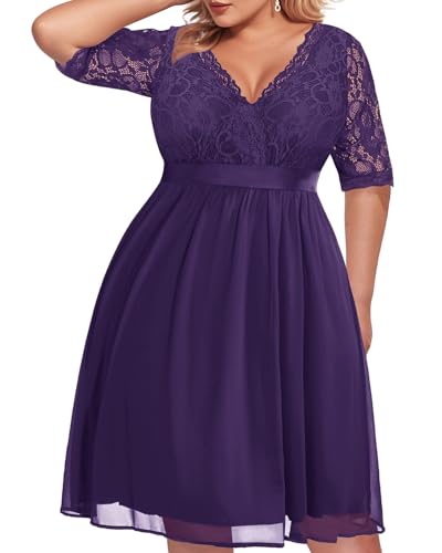 Image of Pinup Fashion Plus Size Lace Chiffon Wrap V Neck Dresses Women Cocktail Wedding Guest Midi Dress