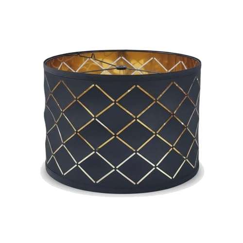 Perclyzm Lamp Shade, Black Light Shade, Modern Drum Lampshade, Black Fabric with Gold Reflective Film, Argyle Cut-Out Design, Fits E27 & E14, for Ceiling/Table/Floor Lamps, Bedroom, Living Room