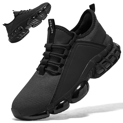 AoPlus Mens Walking Shoes with Arch Support Gym Workout Sneakers for Men Breathable Mesh Non-Slip Cushioning Sole for Walking Jogging Tennis (Black 10.5)