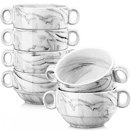 Bouillon Cups Soup Bowls,MALACASA 13 Ounce Porcelain Soup Crocks with Handles, Small Soup Cups Dessert Bowls for Onion Soup, Cereal, Stew and Dipping Sauce, Set of 6,Marble Gray