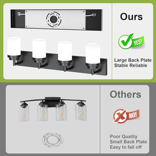 Image of Bathroom Light Fixtures, Matte Black Bathroom Lighting Fixtures Over Mirror, Modern Vanity Light with White Glass Shade, Restroom Lighting Fixtures, 4-Light 30-inch