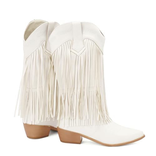 Women's Fringe Cowboy Knee High Boots Cowgirl Boots Pointed Toe Tassel Block Heel Embroidery Stitched Western Boots3