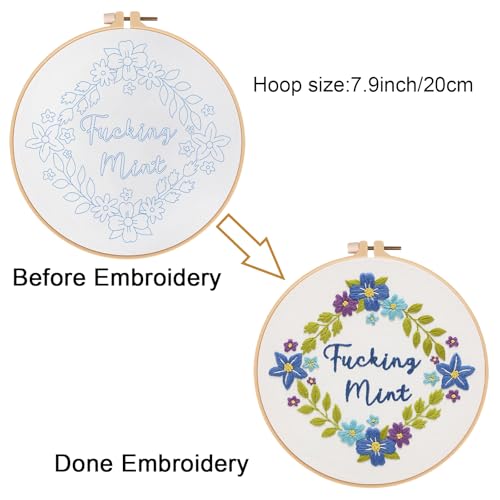 Image of Louise Maelys Funny Flower Wreath Embroidery Kit for Beginners and Adults | DIY Needlepoint Kit with Pre-Printed Fabric, Hoop, Threads, Needles and Guide. Cross Stitch Kits for Floral Crafts