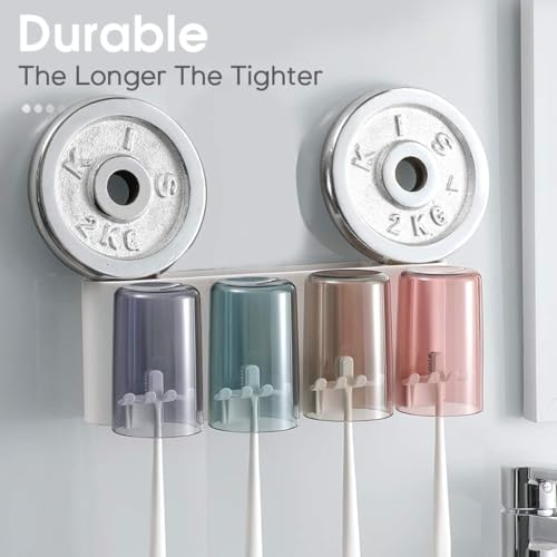 Image of Wall Mounted Tooth Brush Holder for Bathroom with 4 Mouthwash Cups | Bathroom Toothbrush Organizer | Multi-Compartment, Dustproof & BPA-Free Brush Holder for Bathroom Storage (4 Cups)