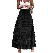 MIYIEONZ Women's Fairy Tulle Midi Skirt Sweet Elastic High Waist A-Line Ruffle Tiered Layered Mes...