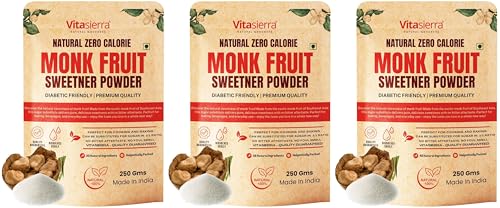 Image of Vitasierra Monk Fruit Sweetner Organic 1:1 Sugar Replacer Without Erythritol Zero Calorie Zero Glyemic Index 100% Natural Sweetner Diabetic Friendly, 250 Gram x 3
