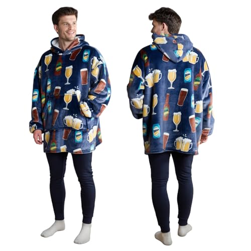 OHS Mens Oversized Hoodie Blanket Ultra Soft Sherpa Fleece Winter Beer Christmas Jumper Snuggle Hoodie Warm Thermal Fluffy Wearable Hoodie Blanket for Men - One Size Navy Blue
