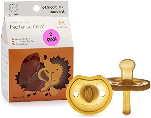 Natursutten 2-Pack Natural Rubber Pacifiers - Safe & Soft BPA-Free Pacifier for Breastfeeding Babies, Made in Italy, Butterfly Shield Orthodontic Nipple, 6-12 Months