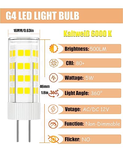 ZFQ 10-Pack G4 AC/DC 12V LED Light Bulb, 5 Watt, 500 Lumen, Cool White 6000K, 360° Beam Angle, 50W Equivalent - Image 2
