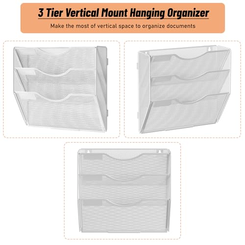 Senhoglb A4 Zeitungshalter Wand 3-stöckig Netzstoff Hängeregistraturhalter Zeitschriftenständer Wandordner Organizer mit Taschen Metall Dokumenten Organizer Prospekthalter Wand für Büro, Weiß