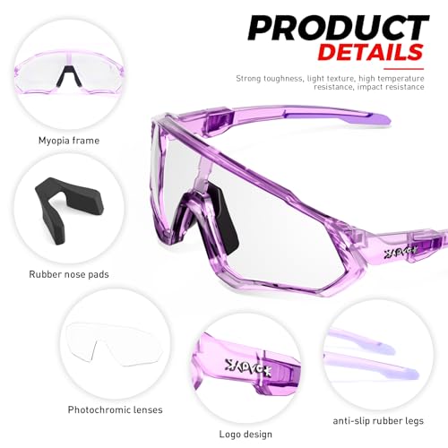 KAPVOE Photochromic Cycling Glasses For Men Women MTB BMX Clear Sports Sunglasses Running Volleyball Tennis Driving Fishing Softball Mountain Golf Hiking 62 Purple Transparent - Image 4