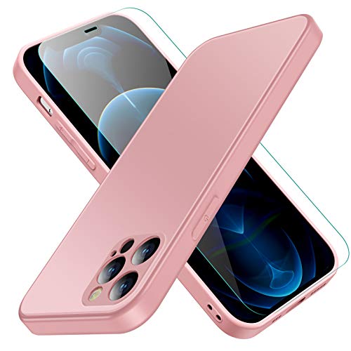 Compatible with iPhone 12 Pro Case, Jonwelsy Luxury Soft Liquid Silicone Shockproof Protection Phone Case + Frosted Tempered Glass Back Cover for iPhone 12 Pro (6.1 inch) (Pink)