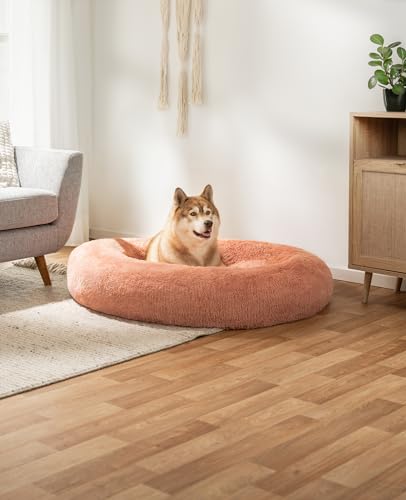 lionto Donutbett für Hunde und Katzen, Flauschiges Hundebett rund für kleine und große Heimtiere, Ø 120 cm, weiches Katzenbett aus kuscheligem Plüsch, Hundekissen mit extra Dicker Füllung, rosa