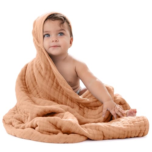 Image of Comfy Cubs Baby Hooded 9 Layer Muslin Cotton Towel for Kids, Large 32 inch x 32 inch, Ultra Soft, Warm, and Absorbent. Baby Essentials Bath Towels, Cute Unisex Cover for Girls and Boys (Pack of 1, Caramel)