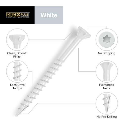 Image of Deck Plus 1-5 /8 Inch Epoxy Coated Exterior Wood and Fence Screws #8 x 1-5 /8 inch Torx /Star Drive Included Coarse Thread, Outdoor Rust Resistant Decking Screw, White, 75 Pieces | 42667