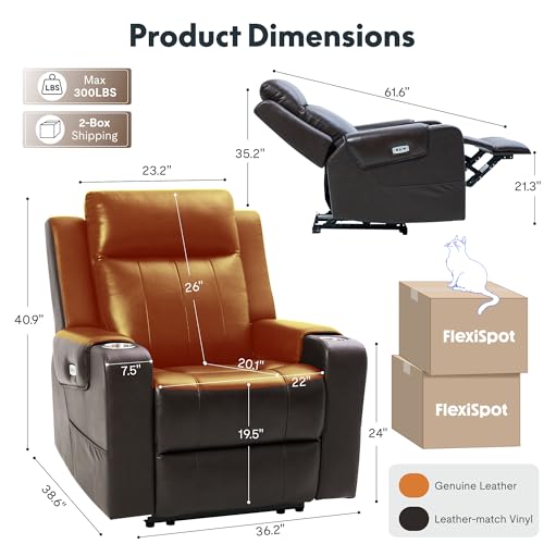 FLEXISPOT Truffle Genuine Leather Power Recliner w/ 1.2" Wall-Hugger Clearance, Electric Zero-Wall RV Recliner w/Adjustable Headrest, Massage & Heat, Home Theater Sofa, FSC-Certified, Chocolate - Image 3