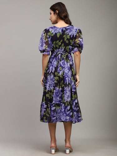 Image of Shasmi Women Women's Floral Printed Midi Dress - Puff Sleeve, Square Neck, A-Line Fit & Flare Casual Outfit