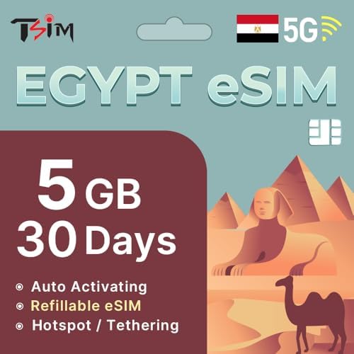 TSIM Egypt eSIM 30 Days | 5GB High Speed Data | Auto Activating | Hotspot Sharing Allowed | eSIM QR Code Sent by email Within 24Hrs of Shipping | Scan QR Code and use Immediately | Data Only No Voice