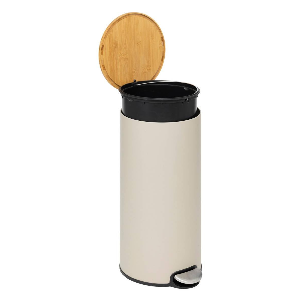 5five - Poubelle de Cuisine à Pédale Modern Color - Beige - 30L - Couvercle en Bambou, Seau Amovible - Pour Maison, Buanderie