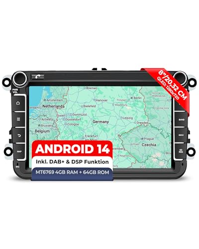 M.I.C. AV8V7-L3 Android 14 Autoradio mit Navigation: MediaTek MT6769V 4GB+64GB 8 Zoll QLED Display SIM Apple CarPlay & Android Auto DAB+ CANBUS GPS Ersatz für VW/Skoda/SEAT (RNS/RCD)