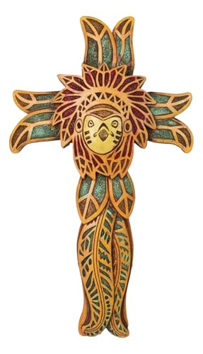 Ebros Gift Tribal Native American Owl Chief with Headdress and Floral Design Faux Wooden Wall Cross Decorative Figurine Christian Faith Inspirational Accent