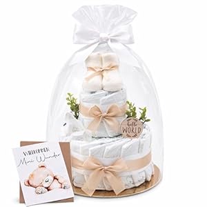 Windeltorte – Babygeschenk zur Geburt neutral | Babyshower Geschenk | Handgemachte Windeltorte mit Babysocken & Deko | Fertig verpackt (Beige)