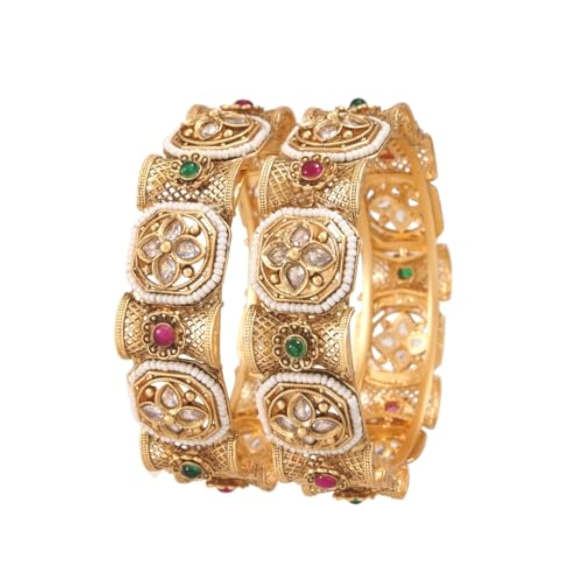 Traditional Antique Gold-Plated Kundan and Pearl Bangles