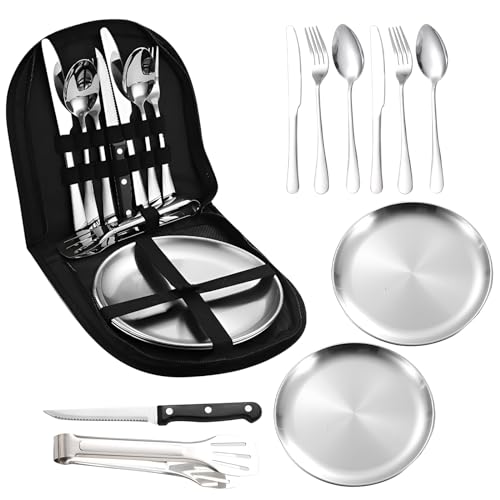 Camping Besteck Set, Picknick Geschirr für 2 Personen, 10pcs Portable Edelstahl Outdoor Geschirr Set, Picknicktasche mit Löffel, Portable Besteckset...