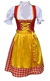 3 tlg. Kleid, Bluse, Schüze Dirndl Trachtenkleid Minidirndl mit Bluse 3 TLG. Set Rot Gelb (38)
