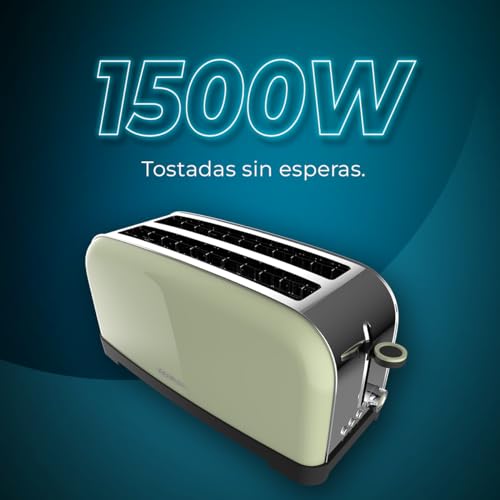 Cecotec Tostapane verticale Toastin' time 1500 Green, 1500W, Doppia fessura lunga e larga 3,8 cm, Barre superiori, Acciaio Inossidabile, Spegnimento e Pop-up Automatico, Raccogli-briciole - Immagine 4