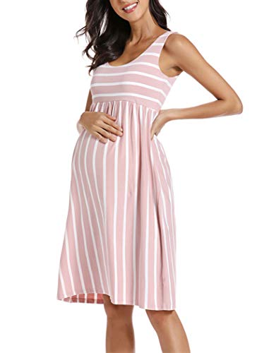 Ecavus Womens Maternity Tank Dress Stripe Color Block Sleeveless Knee Length For Baby Shower thumb #1