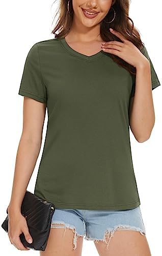 MAGCOMSEN Ladies Cotton Shirt Short-Sleeve Classic-Fit V-Neck T-Shirt Casual Moisture-Wicking Tee Basic Tops, Army Green, XL