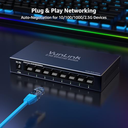 Image of 8-Port 2.5G Unmanaged Ethernet Switch, VunLink Multi-Gigabit 2.5GbE Network Switch, 8x2.5Gbps RJ45 Ports, Plug & Play, Fanless Metal Desktop /Wall Mount, Cat5e Compatible for NAS, Gaming & Home Office