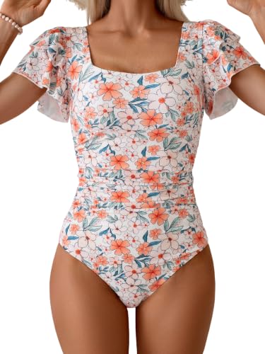 Image of Eomenie Women's Tummy Control One Piece Swimsuit Ruffle Square Neck Bathing Suit Ruched Cutout Back Slimming Swimwear
