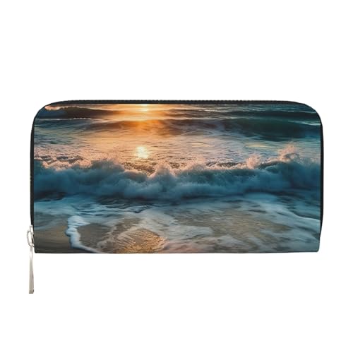 Ocean Sunrise Leather Wallet For Women Girl, Zip Around Credit Card Holder Long Pu Wallet Clutch Purse Waterproof Travel Handbag
