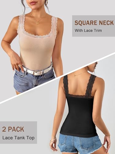 Image of Ibeauti 2 Pack Lace Camisole Tank Tops for Women Sleeveless Summer Going Out Tops Ribbed Cami Undershirts