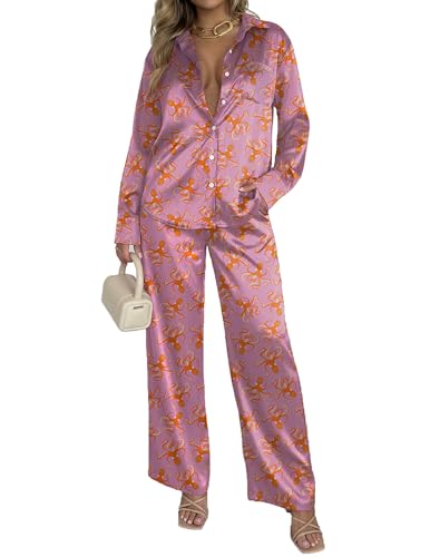 Image of Ekouaer Womens Satin Silky Pajama Set Soft Long PJs Button Down Loungewear | Print Sleepwear Cozy Lounge Set Classic Button Down Shirt and Long Pant with Pockts