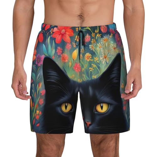 Pantalones cortos de baño para hombre con estampado de flores y gatos para playa
