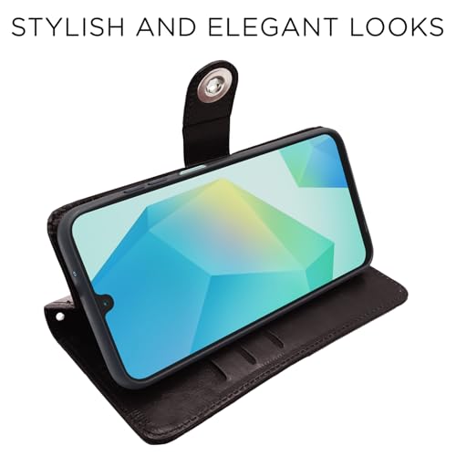 Image of Pikkme Flip Cover Leather Finish | Inside TPU with Card Pockets | Wallet Stand and Shock Proof | Complete Protection Button Flip Case for Samsung Galaxy A16 5G(Coffee)