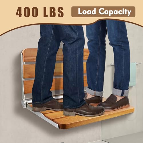 Teak Folding Shower Seat Wall Mounted, Foldable Shower Bench, 400lbs Max Load, 16" by Flngr - Image 7