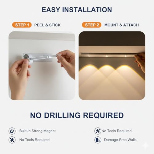 Image of Desidiya Motion Sensor Under Cabinet LED Light, USB Rechargeable, Stepless Dimmable, 3 Color Temperatures (3000K /4000K /6000K), 400mAh Battery, Dimmable Closet Lamp, Wireless Stick-On for Wardrobe