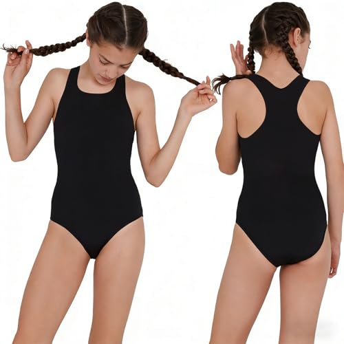 ADUDVLO Badeanzug Mädchen Sport Einteilig Bequemer Mädchen Badeanzug für Schwimmen & Training, Chlorresistent, Schnelltrocknend, Badeanzüge für Mädchen (DE/NL/SE/PL, Numerisch, 158, Regular, Schwarz)