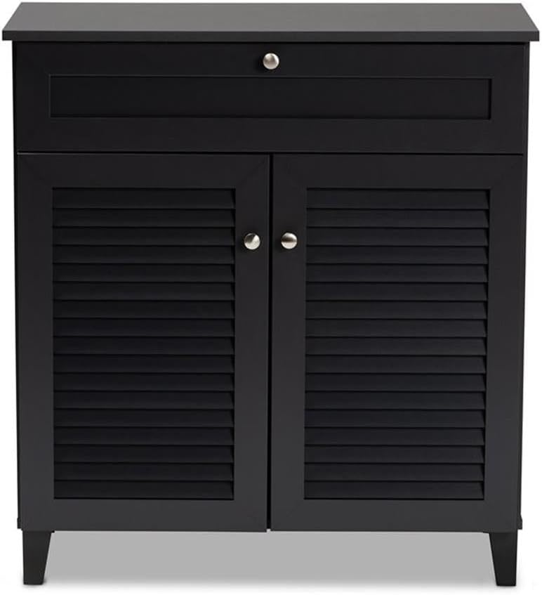 BOWERY HILL Wood Shoe Cabinet, Dark Gray Finish, 4-Shelf and Drawer Design, Holds 12 Pairs, Silver Metal Knobs, Tapered Legs, Storage for Entryway or Closet Organization